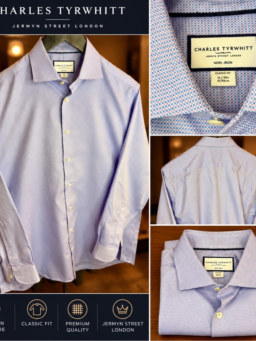 Charles Tyrwhitt Dress Shirt Mens 16/34 Classic Fit Non-Iron Blue Pink Check